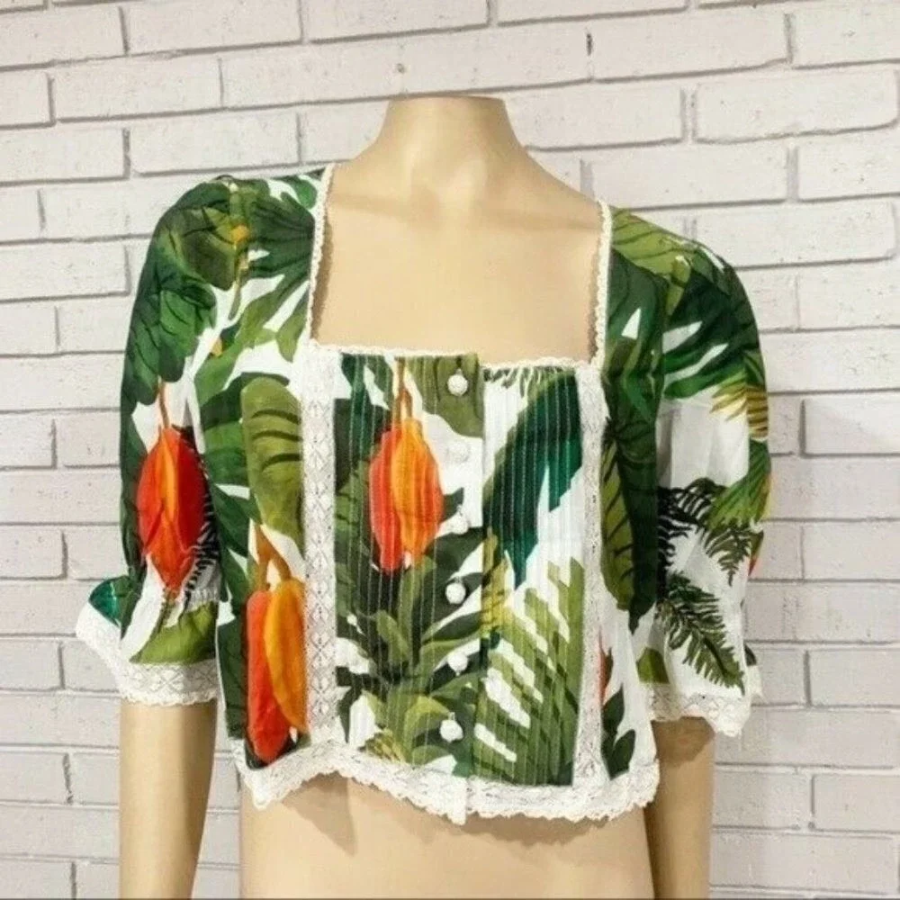 Farm Rio Green White Lace Trim Puff Sleeve Square Neck Button Front Top NWT M